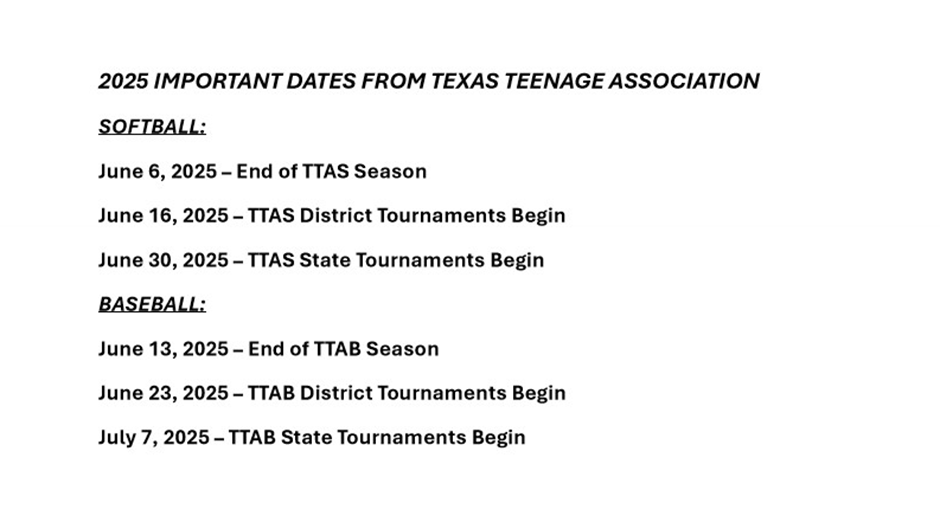 2025 TTA Important Dates