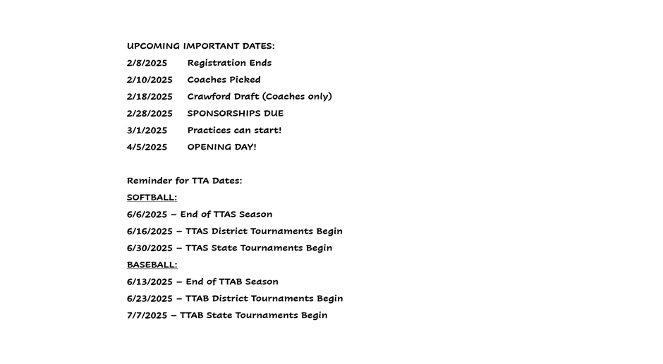 2025 Upcoming Dates